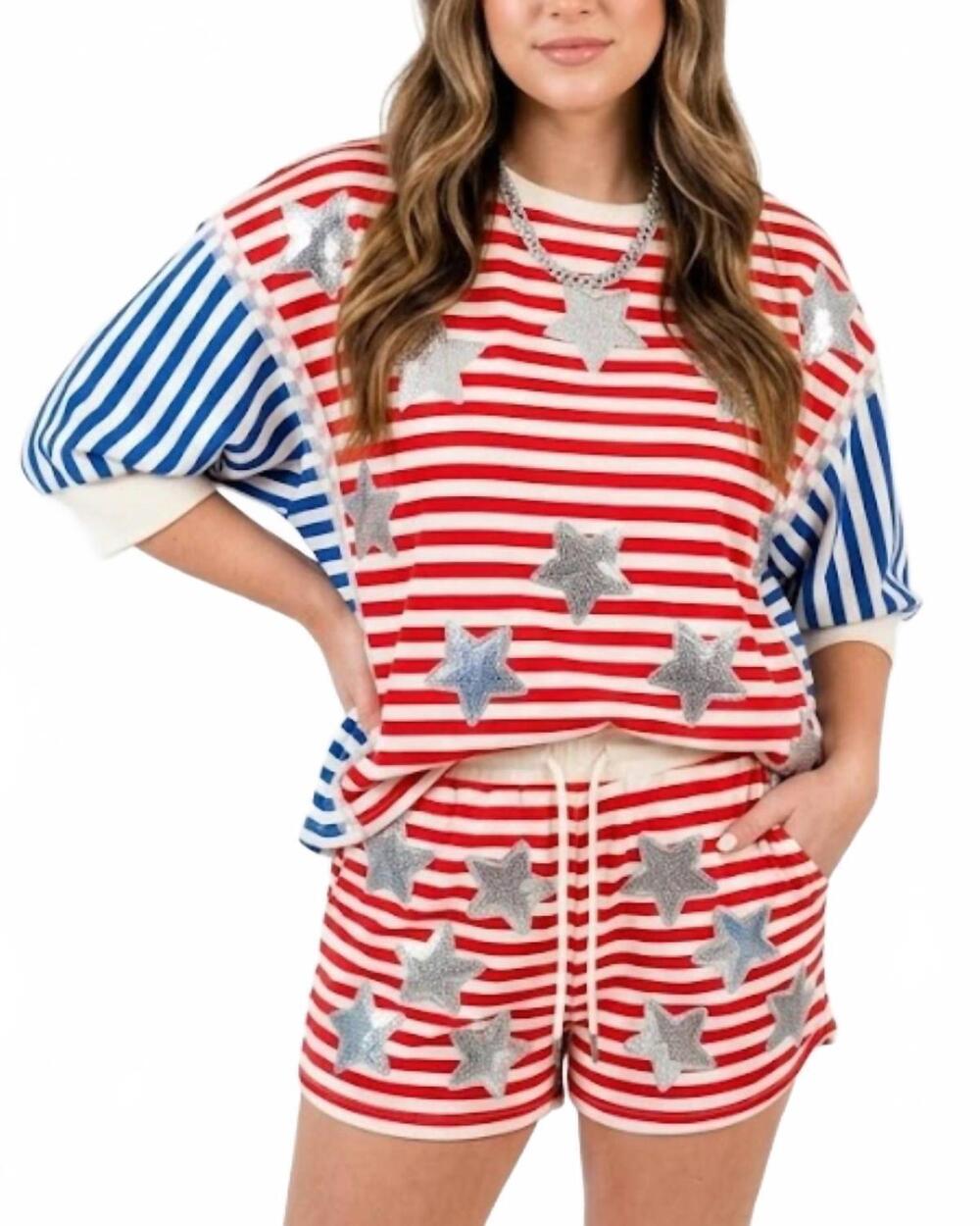 NEW BIBI firecracker sequin star pullover sweater in red/blue/white/silver